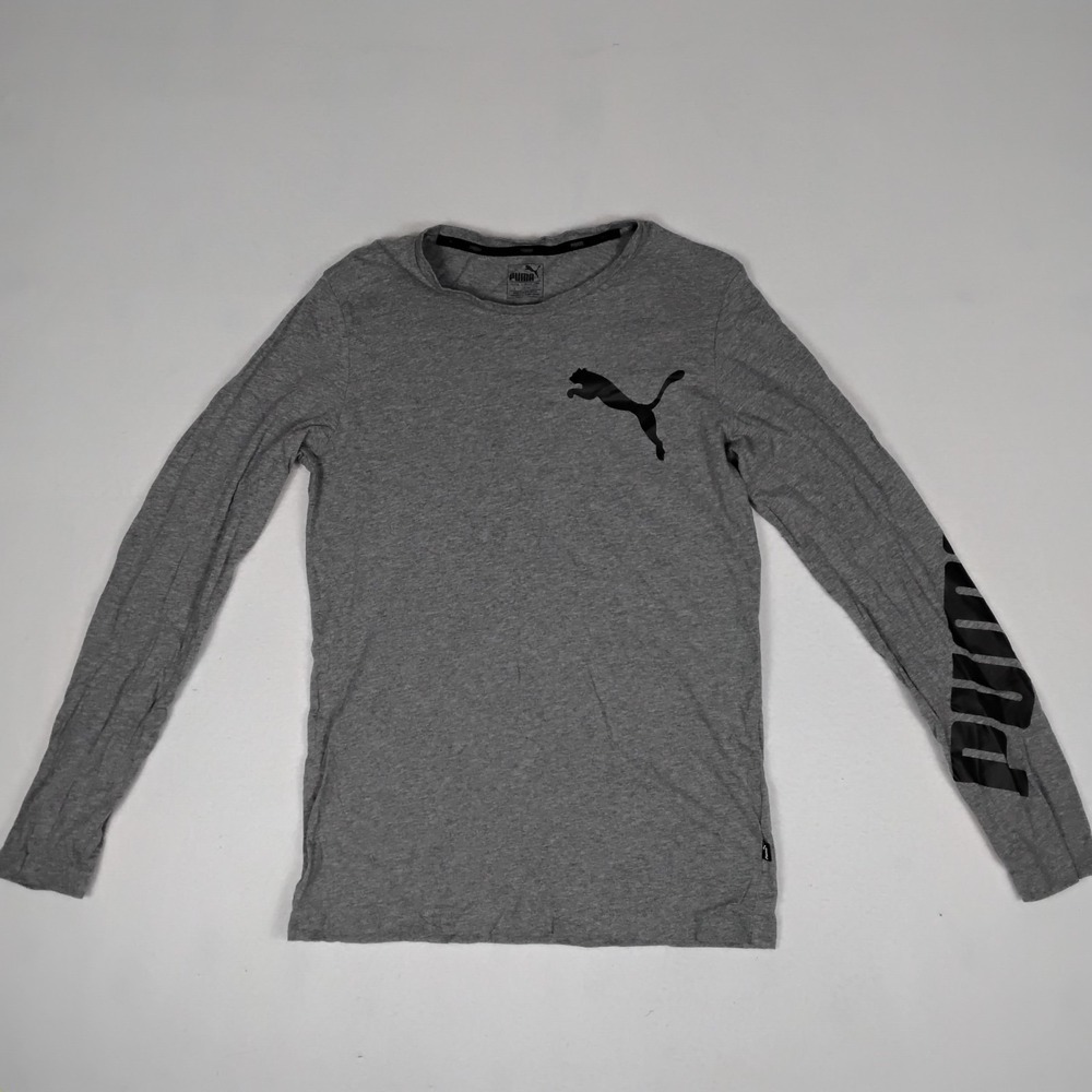 PUMA Men’s S Gray Long Sleeve T Shirt Black Spellout Logo Athletic Casual
